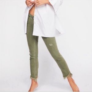 Free People-Green Distressed Skinny Jeans, Raw Hem, Boho, Fringe, We The Free-28